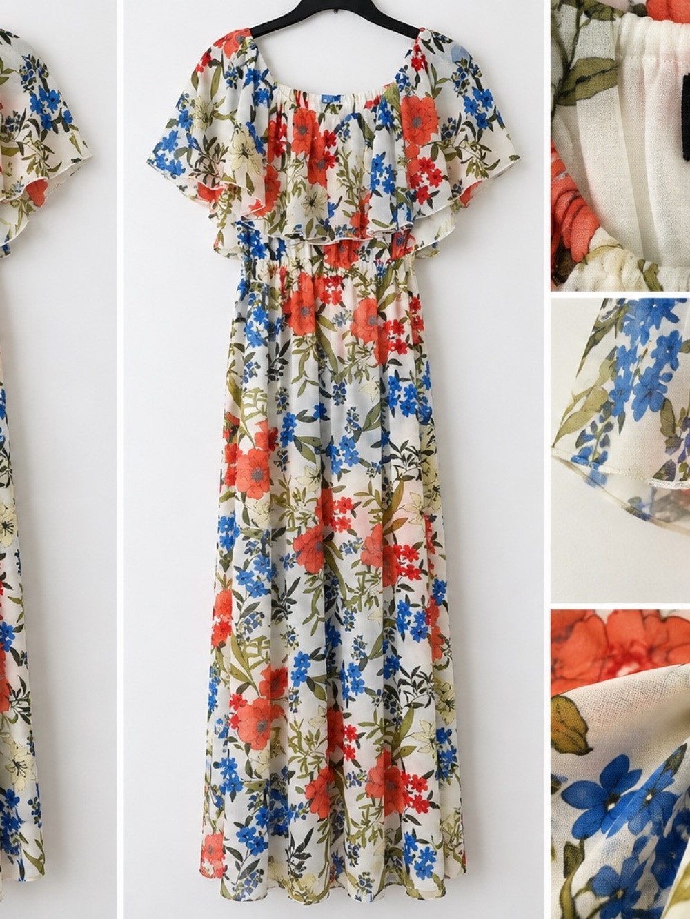 Lily Cream Floral Off-Shoulder Maxi Jumpsuit with Red & Blue Blooms